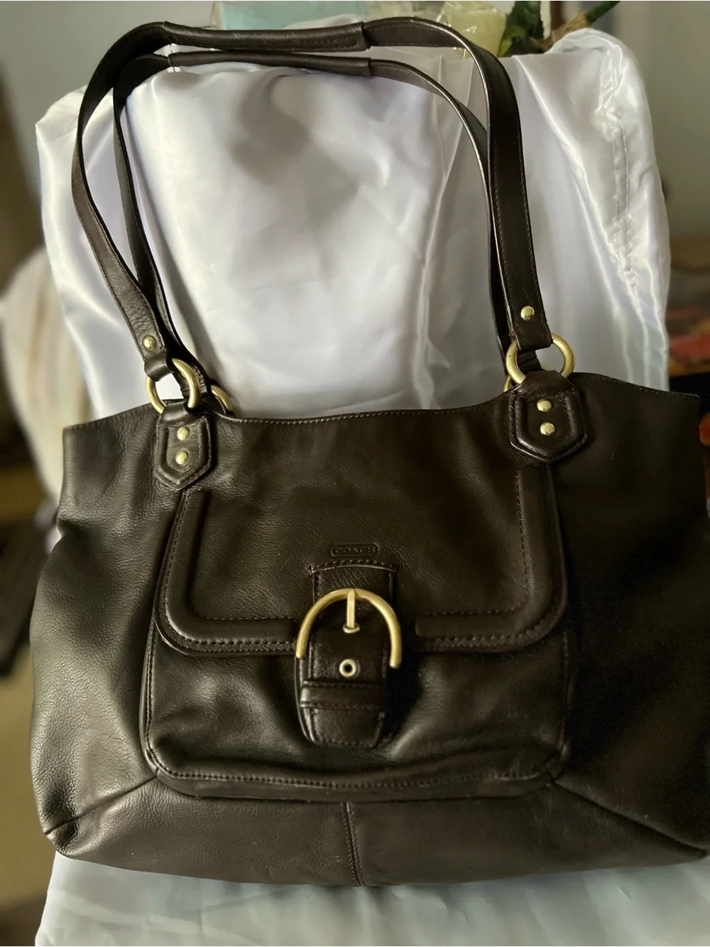 Coach Brown Leather Shoulder Bag with Gold Buckle